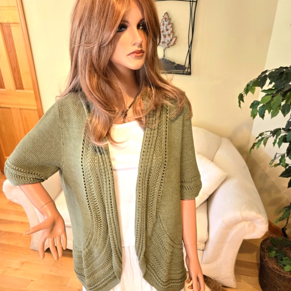 Sonoma Olive Green Crocheted Sweater 3/4 Length Sleeves, Open CardiganSize Large